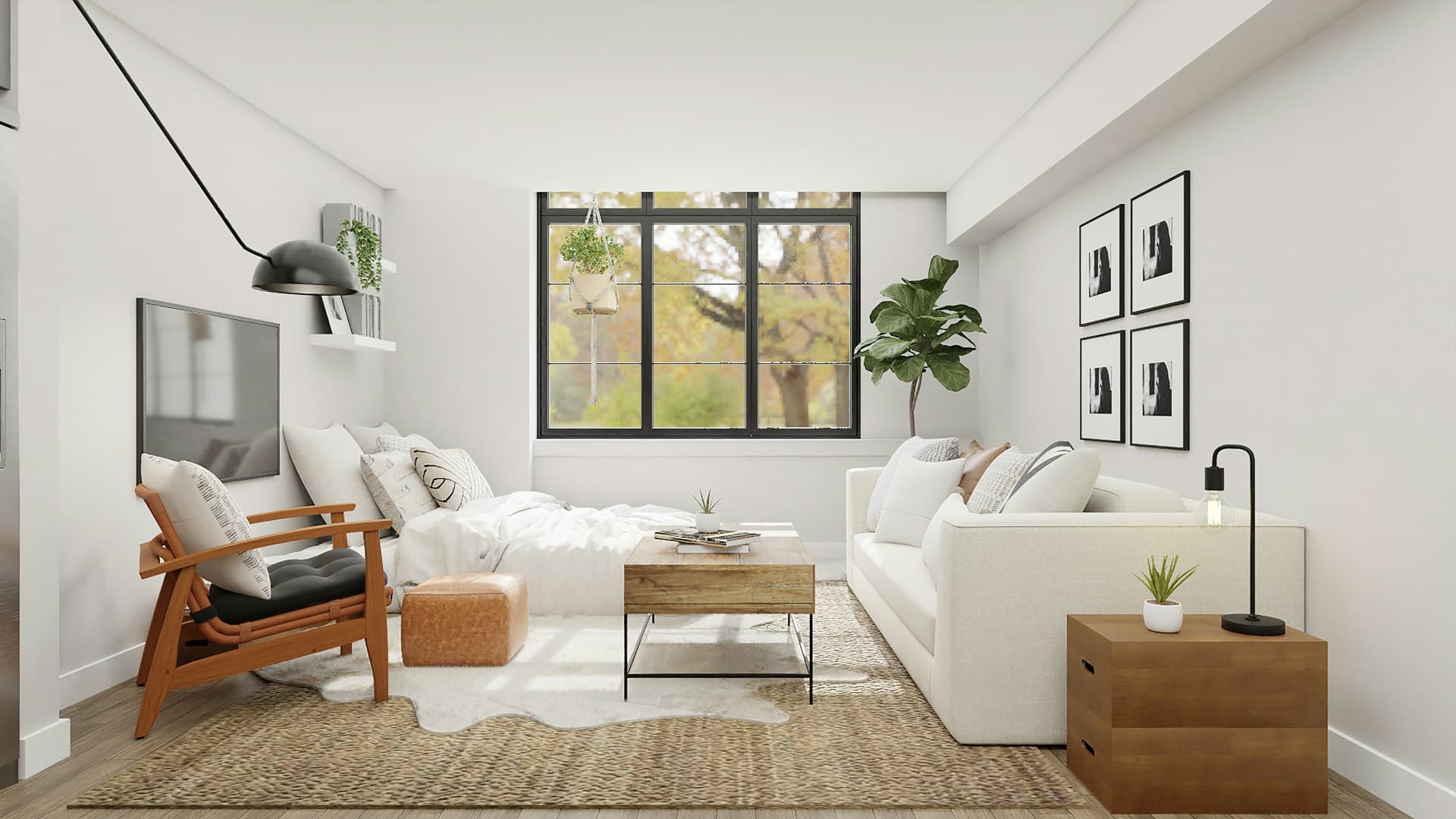 A living room that is well funished